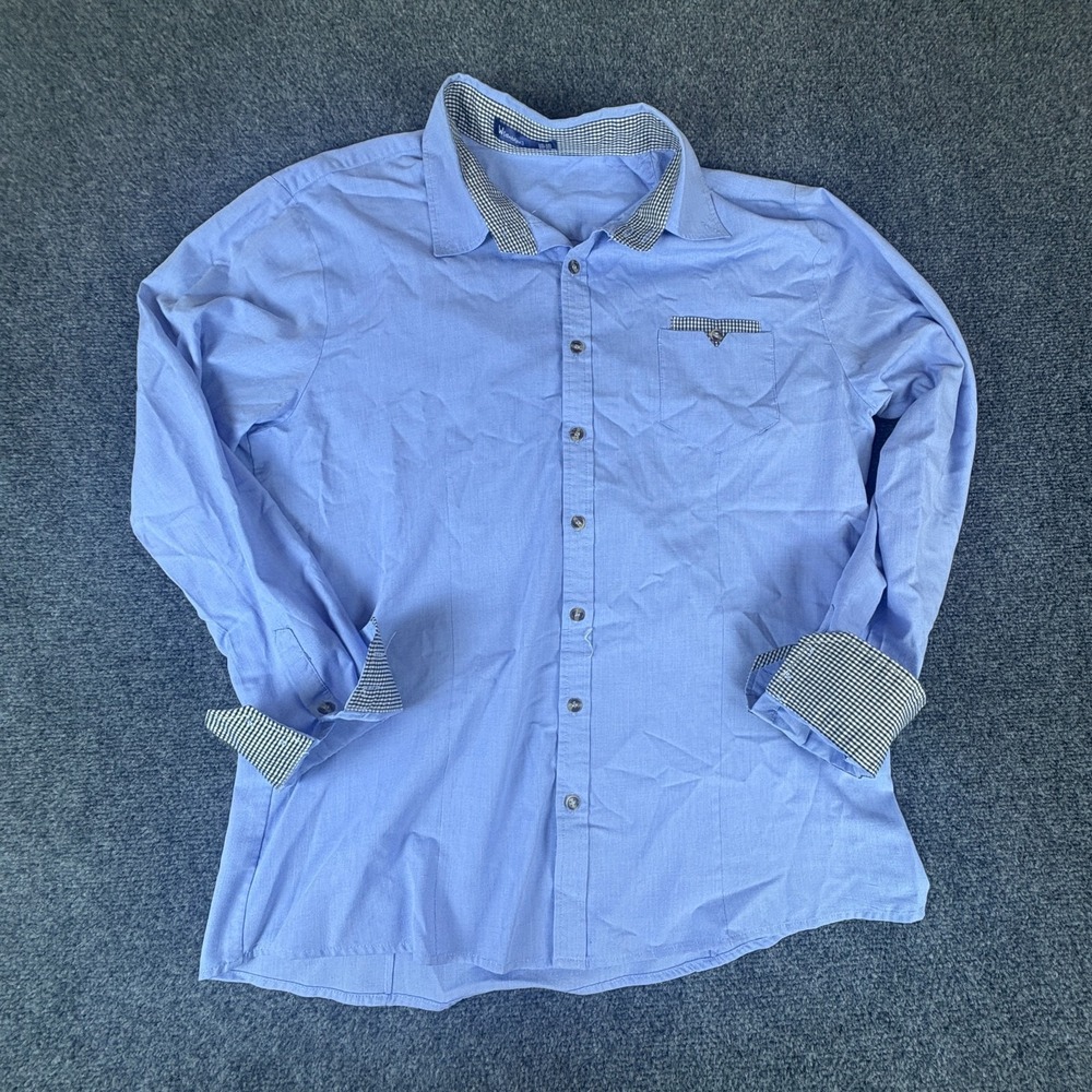 Doublju Shirt Mens 2XL Blue Cotton Checkered Cuffs Pocket Long Sleeve Button Up